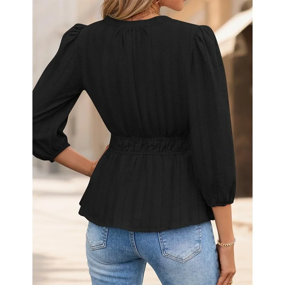 Women's Cotton Babydoll Tops V-Neck Puff Sleeve Casual Dressy Fall - Picture 4 of 7